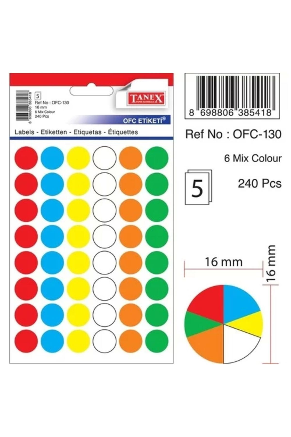 Ofc-130 Mıx Color 16 Mm Ofis Etiketi- ( 5 Paket )